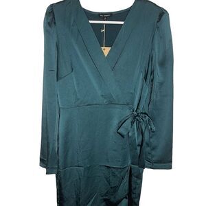 Blu Pepper Satin Surplice Wrap Mini Dress Dark Teal V-Neck Long Sleeve Size M